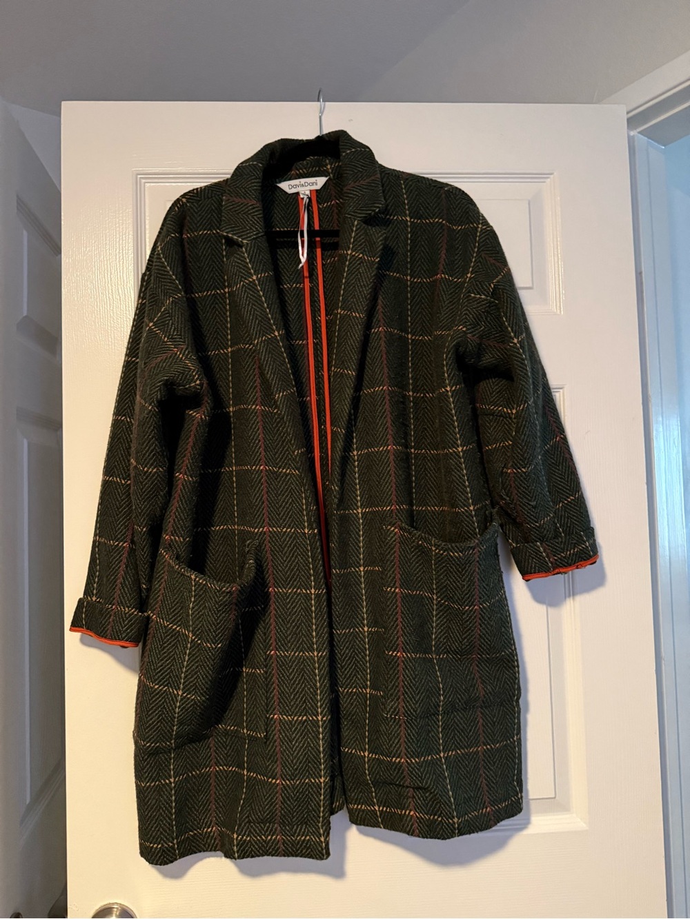 DAVI & DANI Dark Green Plaid Open-Front Coat with Orange Trim